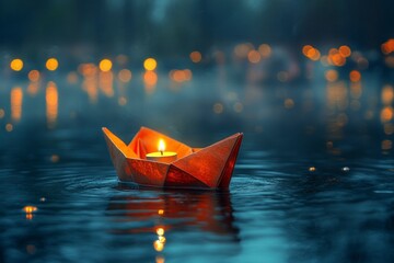 Fototapeta premium Glowing paper boat floats on tranquil water at night