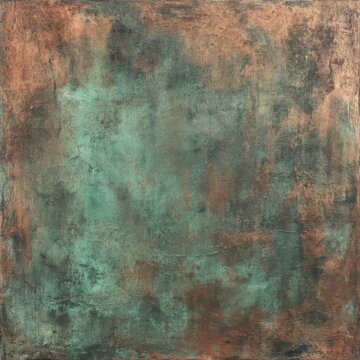 Patina texture square close up copper and verdigris aged metal surface full frame overhead shot studio art