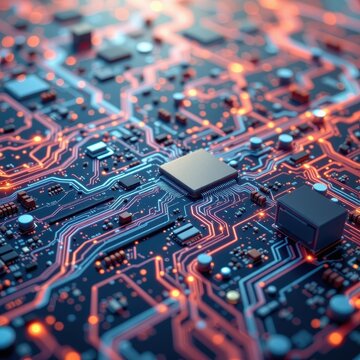 imagine a mesmerizing digital landscape where a circuit board morphs seamlessly into a network of puter servers, pulsating with the flow of digital data processing
