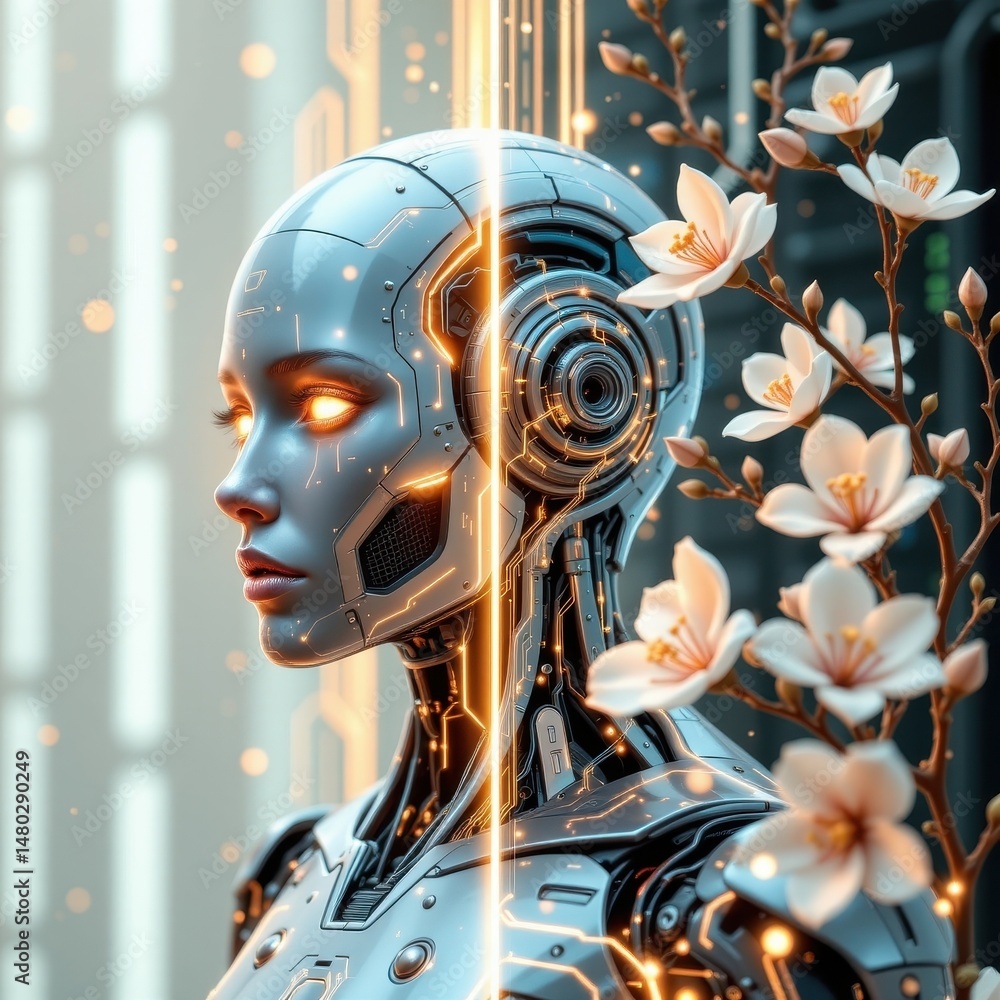 Poster imagine a mesmerizing scene where a cyberpunk style ai robot with a bionic automatic face is intrica