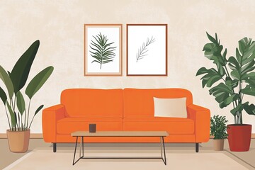 Vibrant orange couch in a minimalist living room with plants and framed botanical prints
