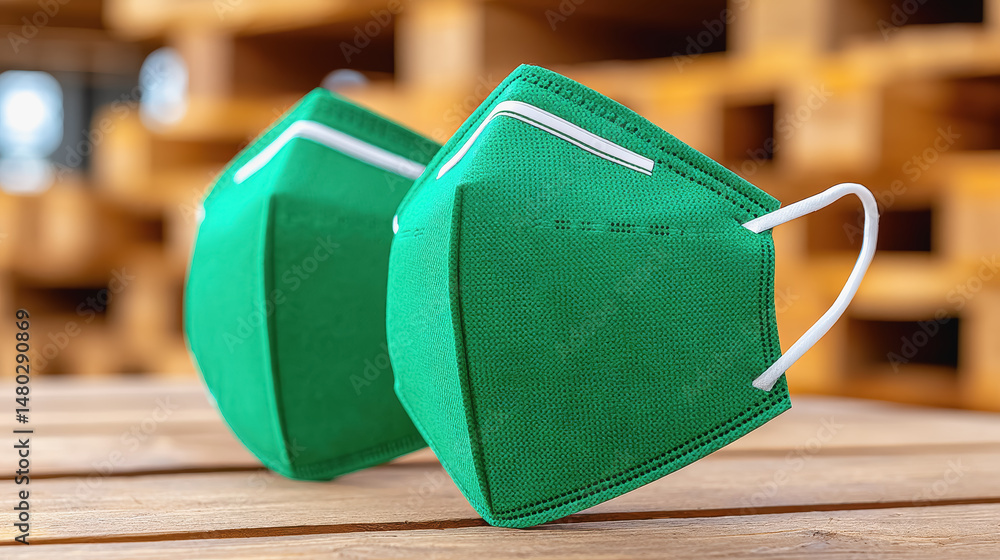 Poster two green face masks displayed on a table in a factory environment emphasizing safety and health equ