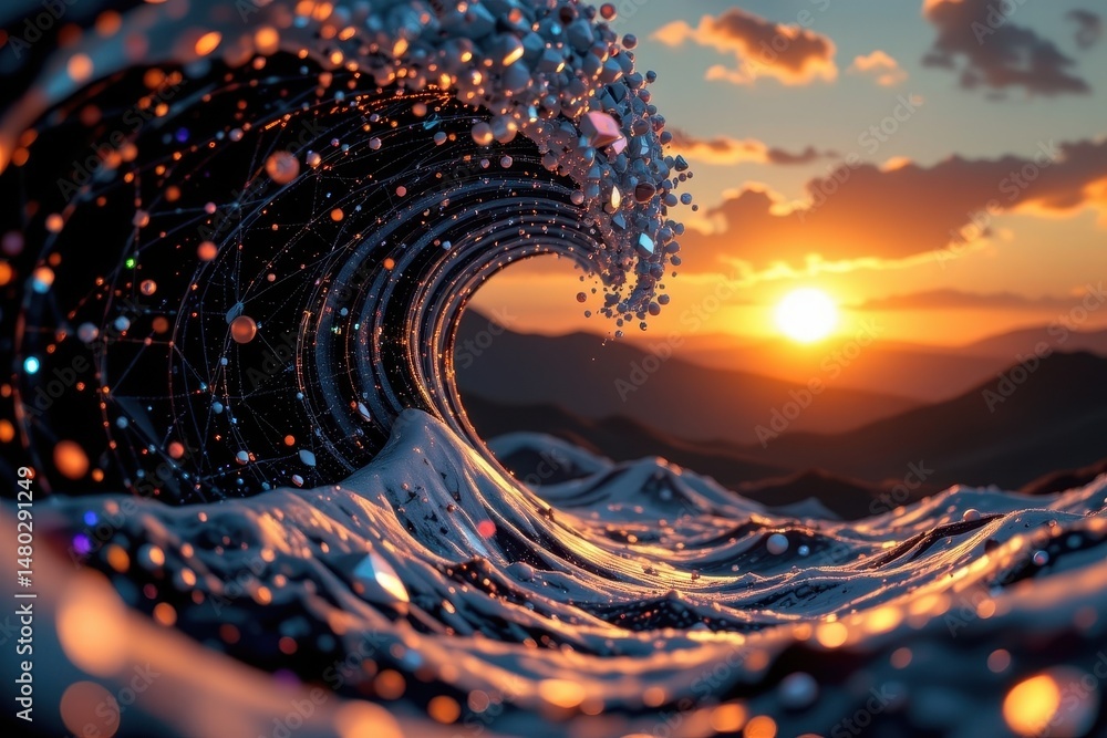 Aufkleber imagine a mesmerizing scene where a 3d wave of shimmering particles cascades in an abstract black ge