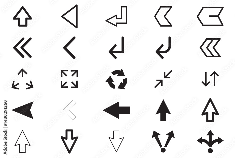 Fototapete arrows icons set, modern simple flat black vector pointer signs. arrow icon set for forward click bu