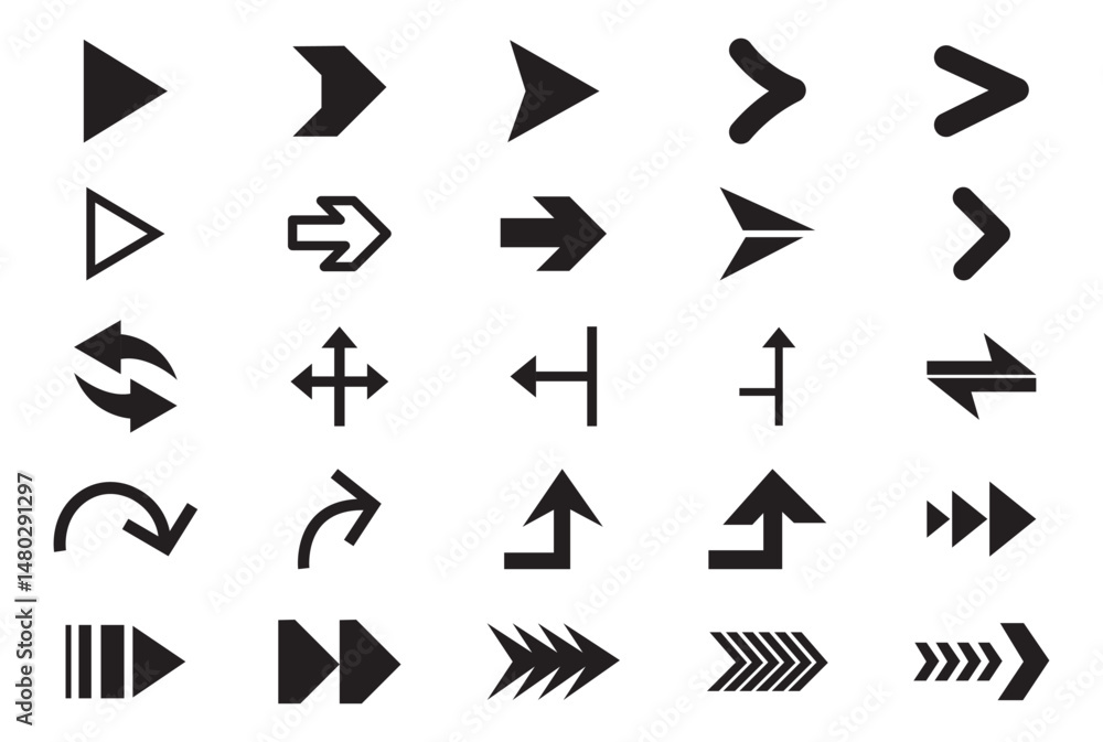 Fototapete arrows icons set, modern simple flat black vector pointer signs. arrow icon set for forward click bu