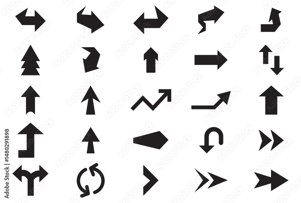 Fototapete Set arrow icons. Collection different arrows sign. Set different cursor arrow direction symbols in flat style. Black arrows icons – stock vector
