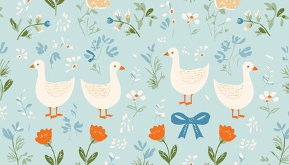 Cute Floral Seamless Pattern � Bows, Flowers, and Goose in Preppy Spring Summer Cottagecore Aesthetic for Fabric, Wallpaper, or Wrapping Paper