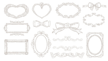 Doodle Hand-Drawn Coquette Frames with Hearts, Bows, and Ribbons � Vintage Whimsical Borders for Wedding Invitations, Cards, and Prints