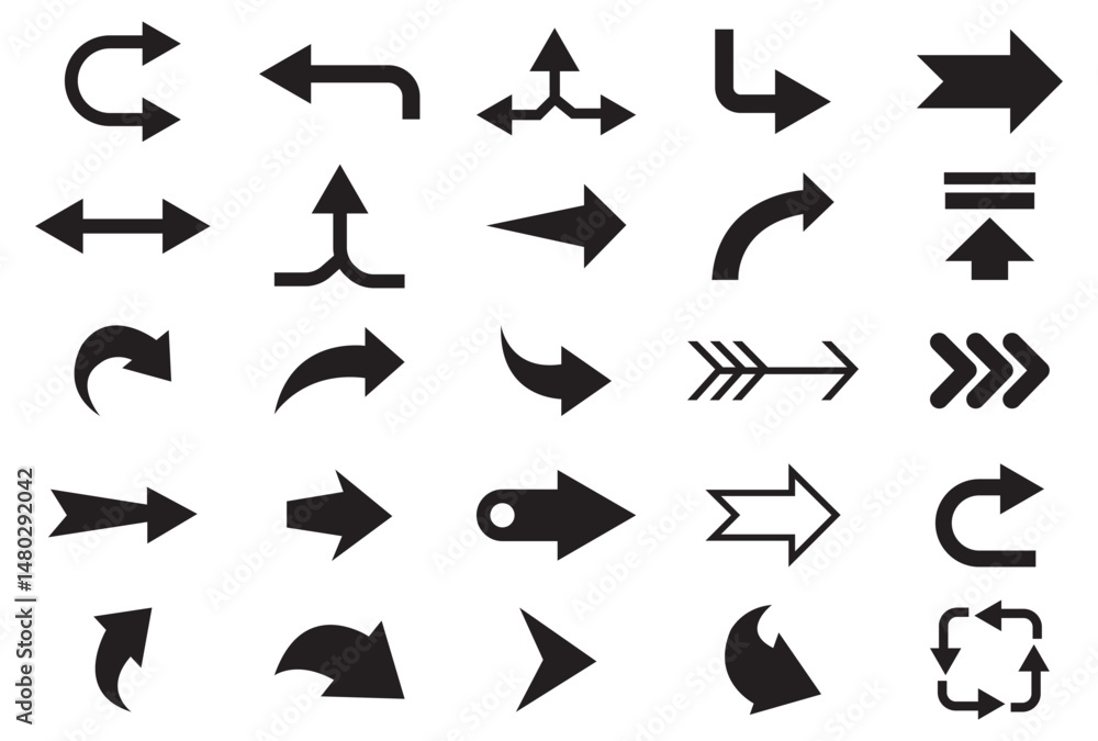 Fototapete Set arrow icons. Collection different arrows sign. Set different cursor arrow direction symbols in flat style. Black arrows icons – stock vector