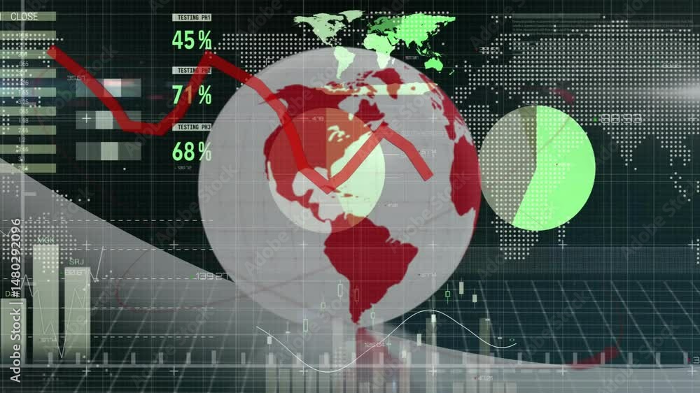 Poster stylized globe chart being animated over dark grid, showing red trend line, pie segments, bar chart