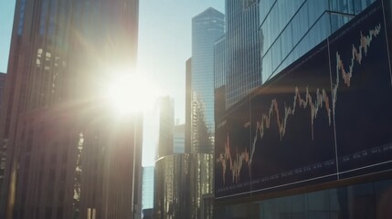 Urban Financial District with Skyscrapers and Stock Market Data Display