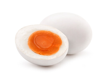 Salted egg with cut in half isolated on white background.