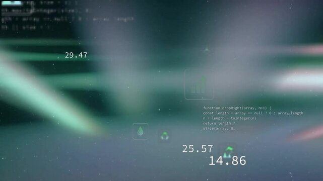 Floating numeric values, icons drifting across blurred streaks with code snippet sliding into view