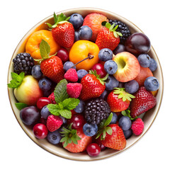Obraz premium fresh fruit salad top view isolated on a white background. PNG Transparent file type with high definition quality Available.