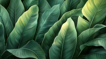 Close-up of large tropical green leaves, overlapping and softly lit, natural textured presentation backdrop
