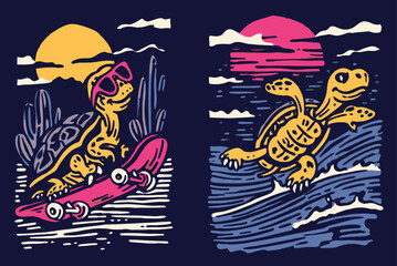 Playful Turtle Skateboarding and Surfing Retro Illustration Art