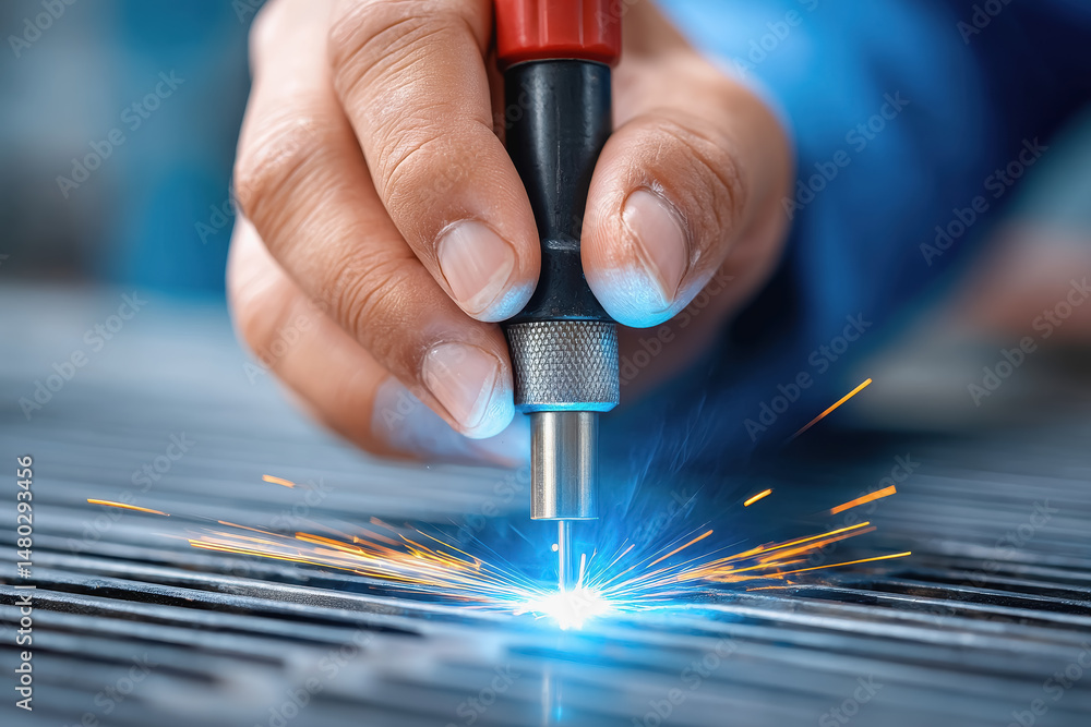 Poster skilled worker using drill bit to precision drill a piece of metal during manufacturing process in a