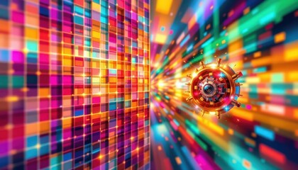 a colorful geometric grid and blur abstract background serving as the backdrop for a technological or scientific concept