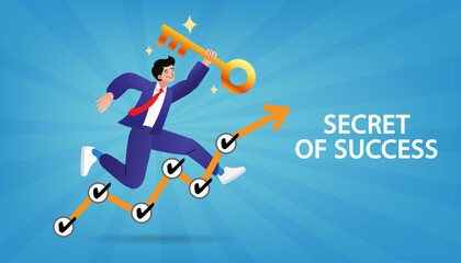 Businessman running with golden key on upward arrow. Success strategy and business achievement concept.