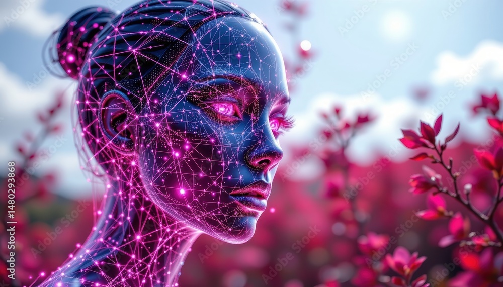 Poster imagine a futuristic cyber face avatar constructed entirely from intricate wireframe patterns, emana