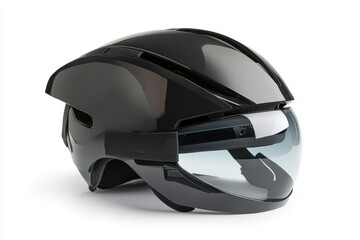 Black aerodynamic helmet isolated on white background for cycling, skating, and other sports.