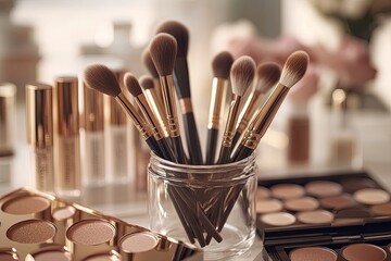 A glass jar holds various makeup brushes, surrounded by palettes and cosmetics on a vanity