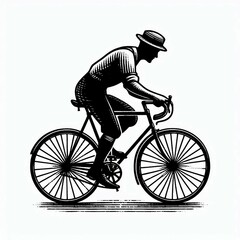 Naklejka premium Vintage Cyclist in a Hat Black and White Ink Drawing