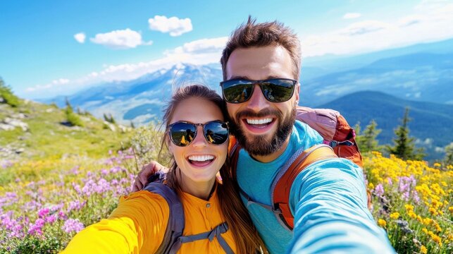Happy Couple Taking Selfie in Scenic Mountain Landscape with Flowers