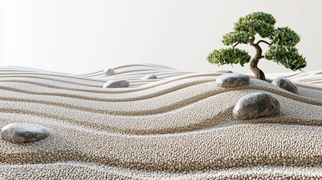 Tranquil zen garden arrangement with bonzai tree, stones, and raked gravel creating serenity