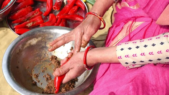 Red chilli pickle recipe made by an Indian old lady . old lady having red bangle in hand wore pink saree . Indian house wife, traditional pickle making concept . 