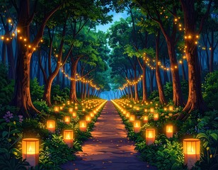 Obraz premium Magical pathway lined with glowing lanterns and string lights, celebrating the summer solstice.