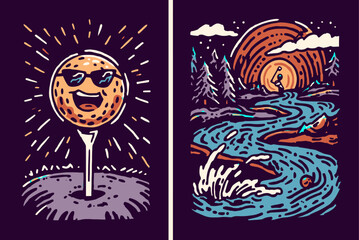 Cheerful Golf Ball Character and Scenic River Illustration