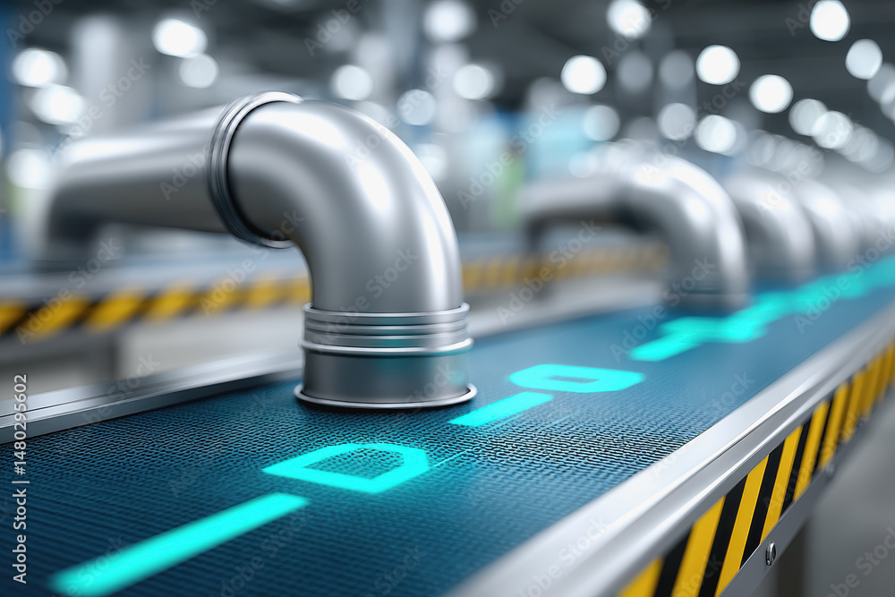 Poster conveyor system featuring distinct blue and yellow lines illustrating big data usage in modern manuf