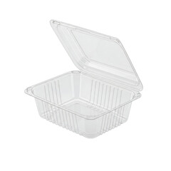 A transparent clamshell plastic container for salads