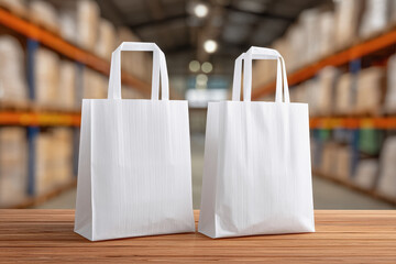 Two white biodegradable paper bags resting on a rustic wooden table showcasing eco-friendly packaging options and design