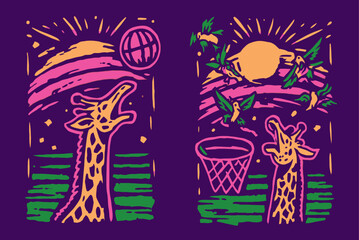 Colorful Playful Giraffe Illustration with Sun and Birds in Background