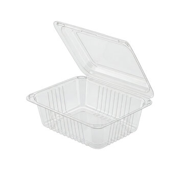 A transparent clamshell plastic container for salads