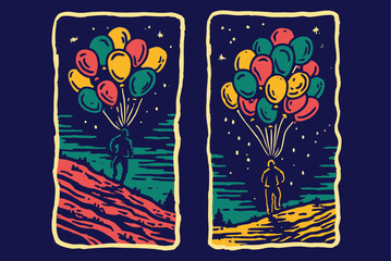 Artistic Illustration of Person Holding Colorful Balloons at Night