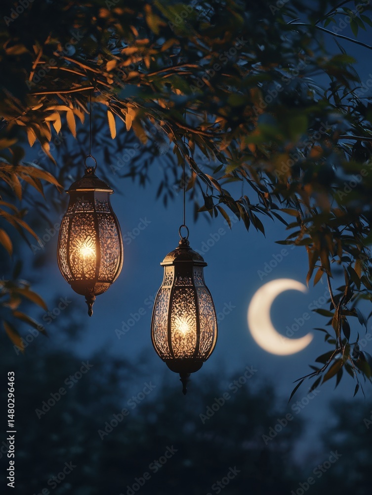 Poster ramadan lanterns hanging from tree branches with crescent moon in background night time view