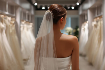 Naklejka premium Bride with pearl studded veil in bridal shop, elegant and serene atmosphere