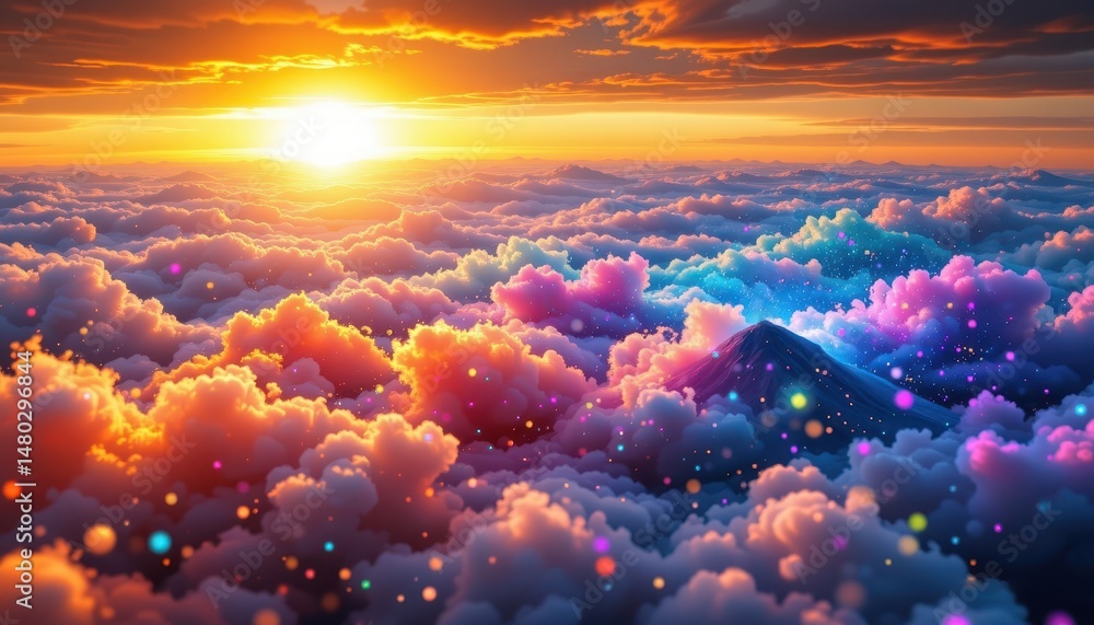 Poster imagine a mesmerizing 3d rendering of a multicolored vibrant abstract cloud of particles swirling gr