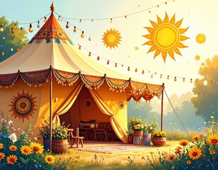 Festive tent with flowers and sunlight invite all to celebrate summer longest day.