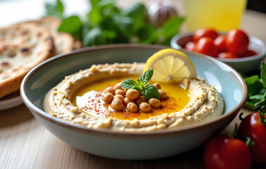 Delicious hummus with chickpeas and spices in a bowl with lemon