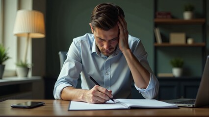 Fototapeta premium Frustrated Man Writing At Desk