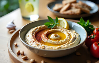 Delicious hummus with chickpeas and spices in a bowl with lemon