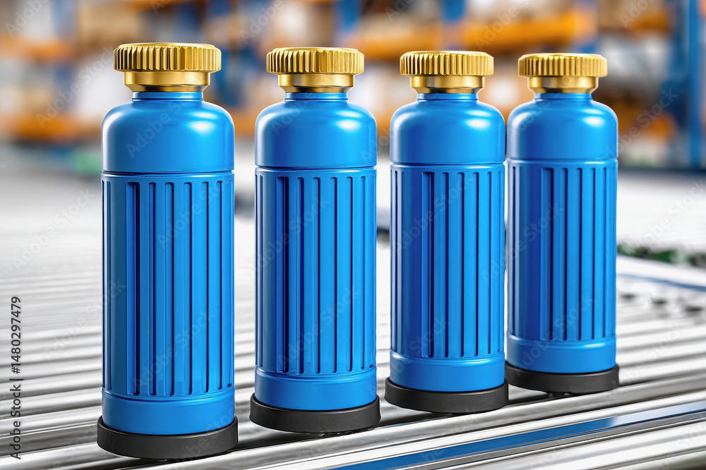 Poster three blue bottles on a conveyor belt in a compressed air systems factory setting for efficient prod