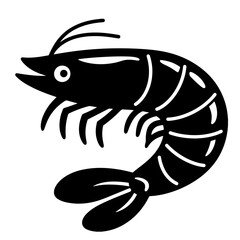 Black and white vector illustration of a shrimp.  Simple, cartoonish style, isolated on white background.