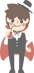 happy halloween holiday festival with boy wearing vampire costume drinking blood, flat png illustration cartoon character design