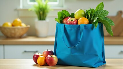 Blue Grocery Bag Filled With Produce