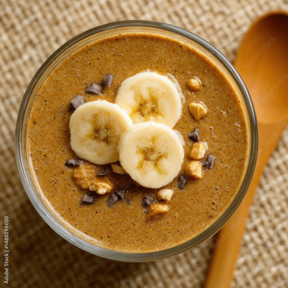 Poster Top-down view of a banana smoothie topped with fresh banana slices chocolate chips and walnuts on a burlap surface